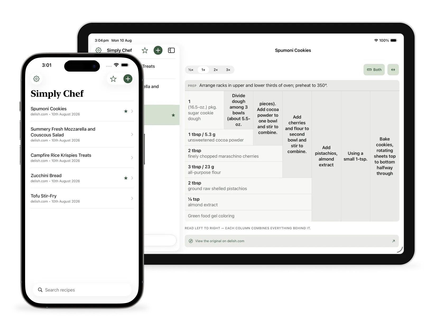 Simply Chef on iPad and iPhone: a recipe laid out as one table beside the recipe list.